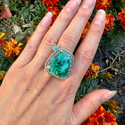 Trapezoid Malachite & Chrysocolla Beaded Ring Size 10
