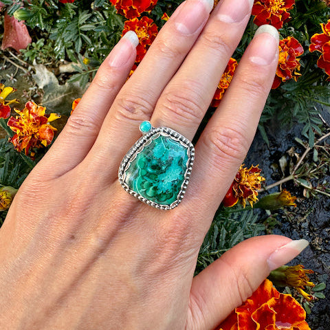 Trapezoid Malachite & Chrysocolla Beaded Ring Size 10