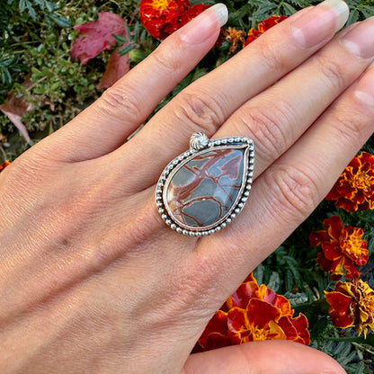 Teardrop Dendritic Rhyolite Beaded Ring Size 9.5