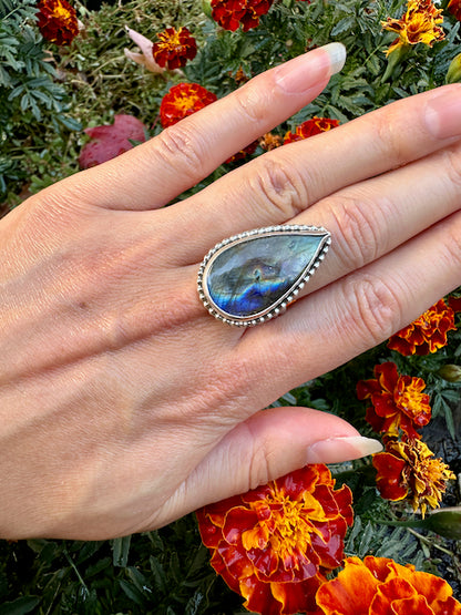 Blue Purple Gold Flashes Teardrop Labradorite Ring Size 9