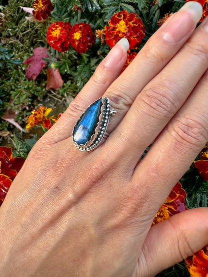 Teardrop Labradorite Blue Flash Ring Size 6.5