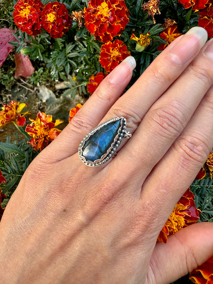 Teardrop Labradorite Blue Flash Ring Size 6.5