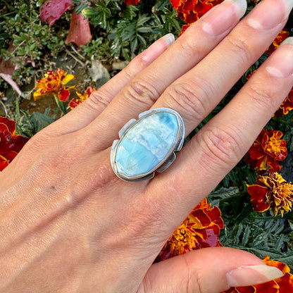 Faceted Oval Larimar Notched Ring Size 9.25
