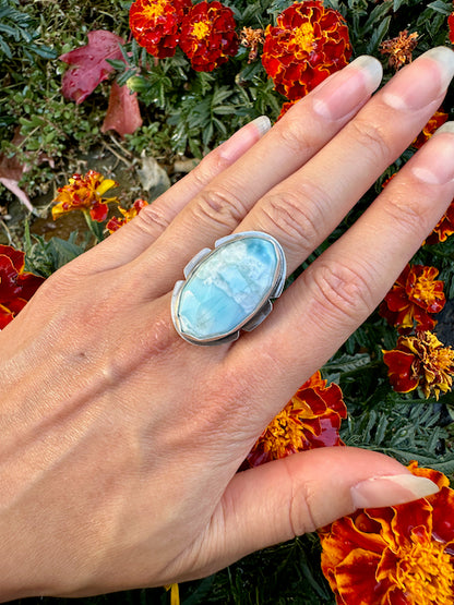 Faceted Oval Larimar Notched  Ring Size 9.25