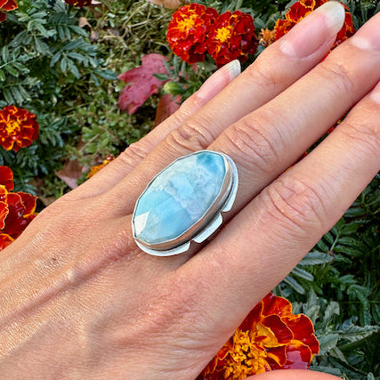 Faceted Oval Larimar Notched Ring Size 9.25