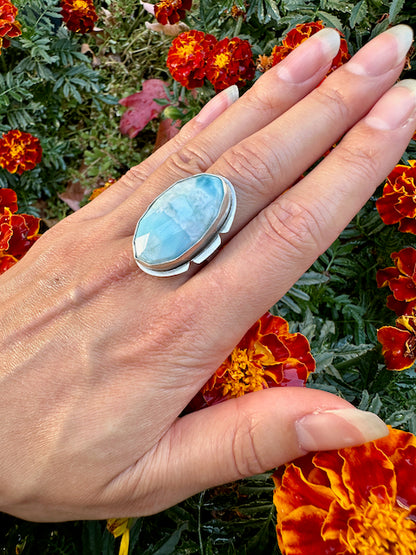 Faceted Oval Larimar Notched  Ring Size 9.25