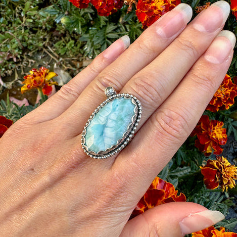 Long Oval Faceted Larimar Ring Size 8.25