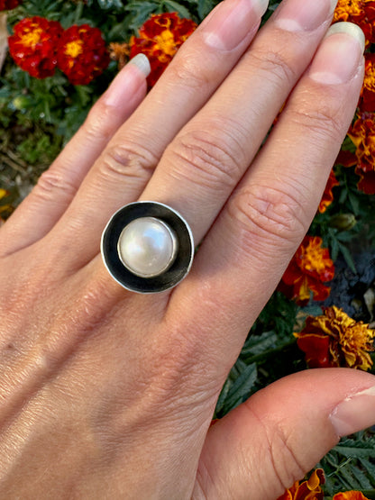 Double Walled Round Pearl Ring Size 9