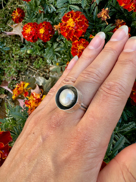 Double Walled Round Pearl Ring Size 9