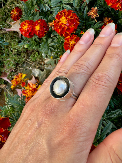 Double Walled Round Pearl Ring Size 9