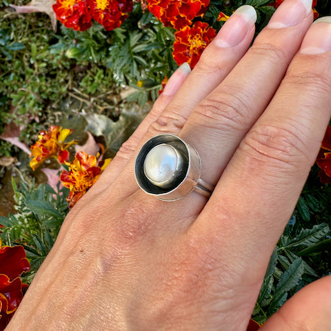 Double Walled Round Pearl Ring Size 7