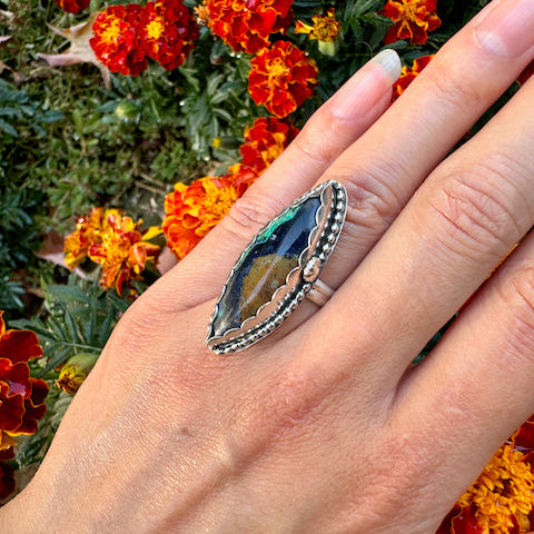 Diamond Shape Azurite & Malachite Beaded Ring Size 7