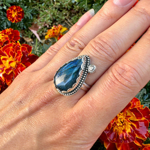Teardrop Labradorite Blue Flash Ring Size 7