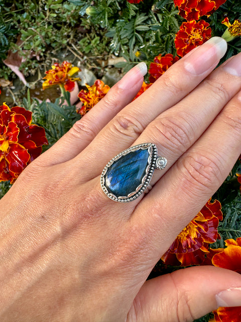 Teardrop Labradorite Blue Flash Ring Size 7
