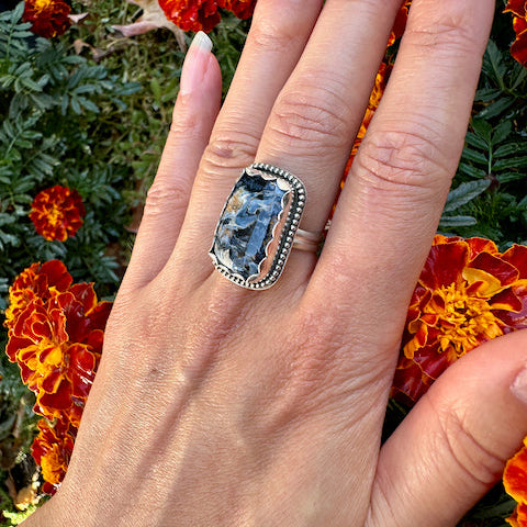 Rectangle Pietersite Beaded Ring Size 7.25
