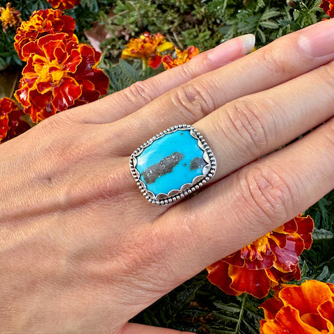 Rectangle Morenci Turquoise Beaded Ring Size 7