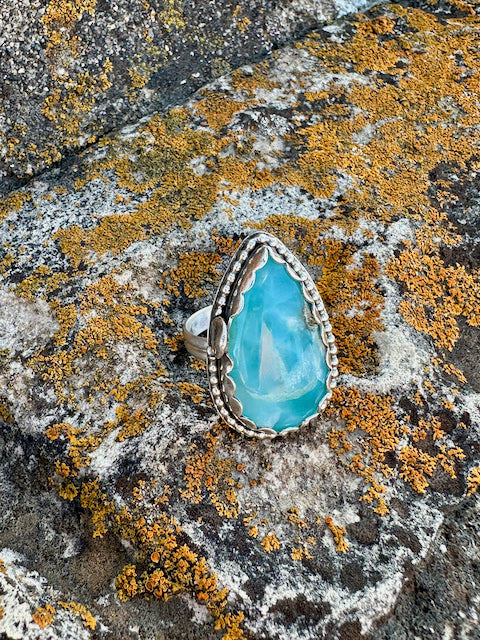 Teardrop Larimar with Beaded Decorative Ring Size 9