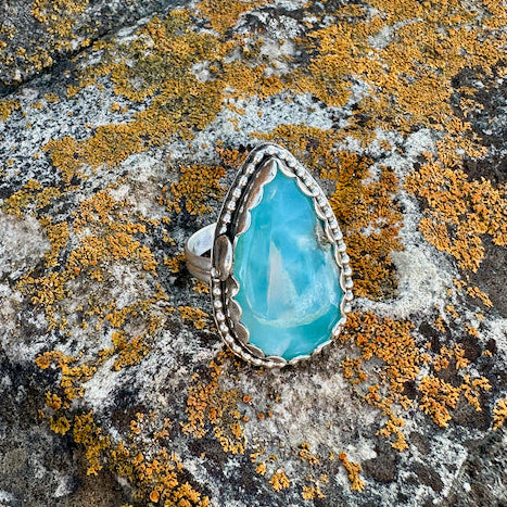 Teardrop Larimar with Beaded Decorative Ring Size 9