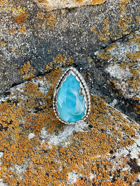 Teardrop Larimar with Beaded Decorative Ring Size 9