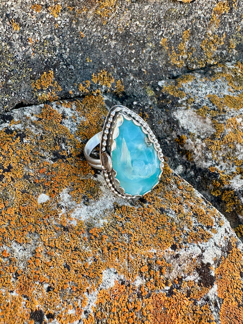 Teardrop Larimar with Beaded Decorative Ring Size 9