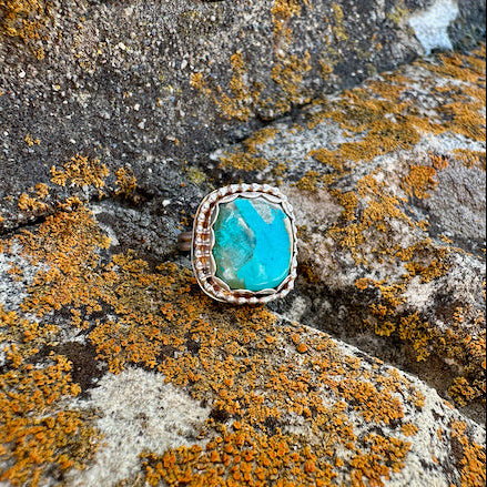 Square Mojave Turquoise Beaded Ring Size 5.5