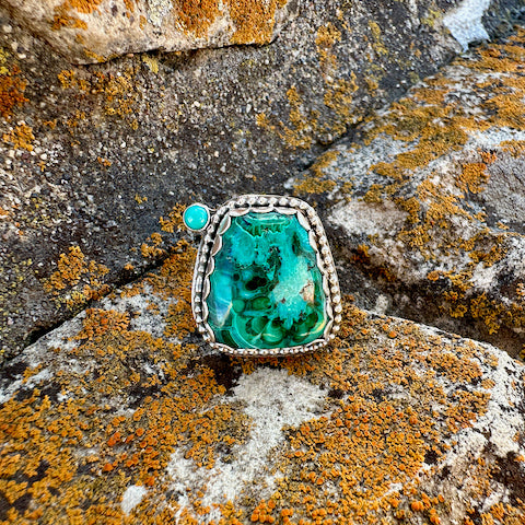 Trapezoid Malachite & Chrysocolla Beaded Ring Size 10