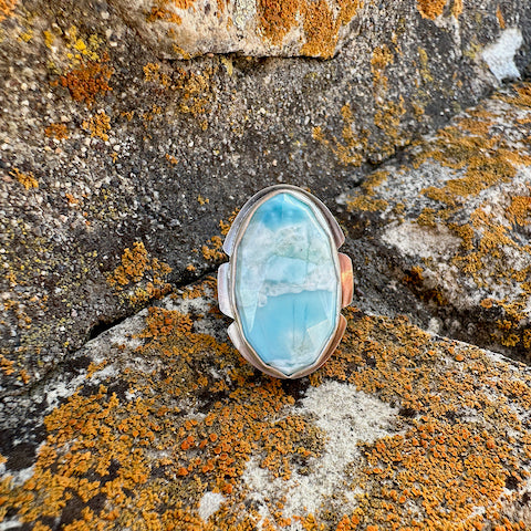 Faceted Oval Larimar Notched Ring Size 9.25