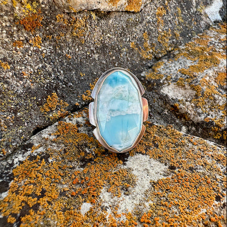 Faceted Oval Larimar Notched  Ring Size 9.25