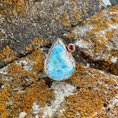 Teardrop Larimar & Garnet Ring Size 9.25