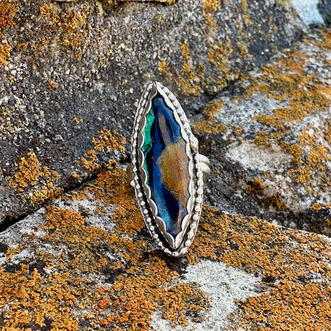 Diamond Shape Azurite & Malachite Beaded Ring Size 7