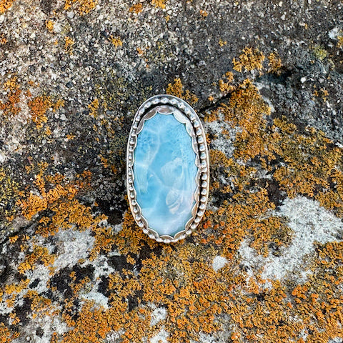 Long Oval Faceted Larimar Ring Size 7.25