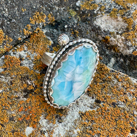 Long Oval Faceted Larimar Ring Size 8.25