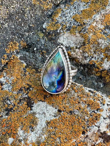 Blue Purple Gold Flashes Teardrop Labradorite Ring Size 9