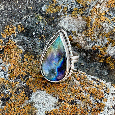 Blue Purple Gold Flashes Teardrop Labradorite Ring Size 9