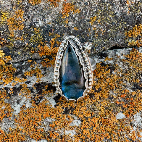Teardrop Labradorite Blue Flash Ring Size 6.5
