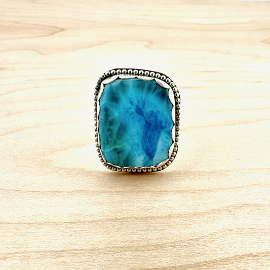 Rectangle Larimar Beaded Collar Ring Size 7.5