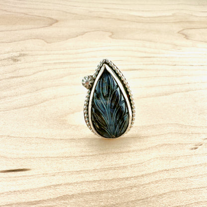 Carved Wheat Teardrop Labradorite Ring Size 10