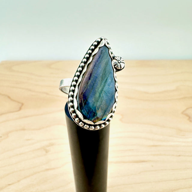 Teardrop Labradorite Blue Purple Flash Ring Size 8.75