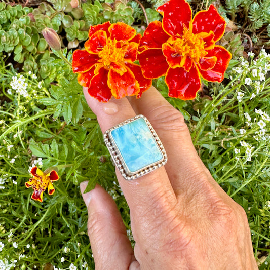 Rectangle Larimar Beaded Ring Size 8.5