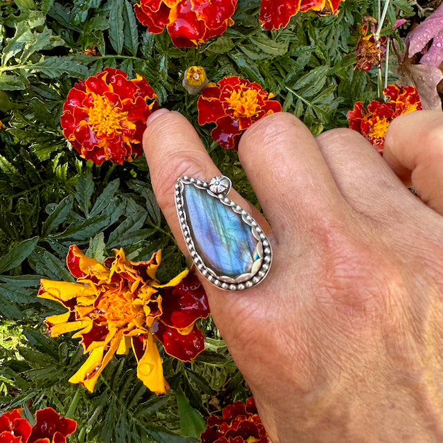 Teardrop Labradorite Blue Purple Flash Ring Size 8.75