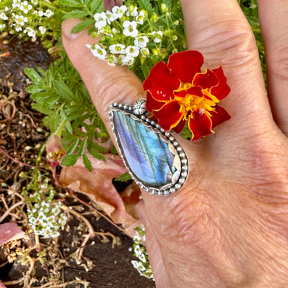 Teardrop Labradorite Blue Purple Flash Ring Size 8.75
