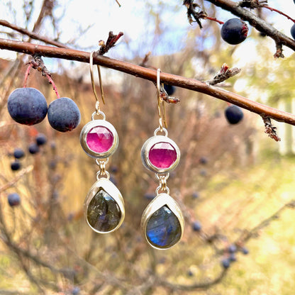 Shimmery 2 Gem Drops Pink Sapphire & Labradorite Earrings