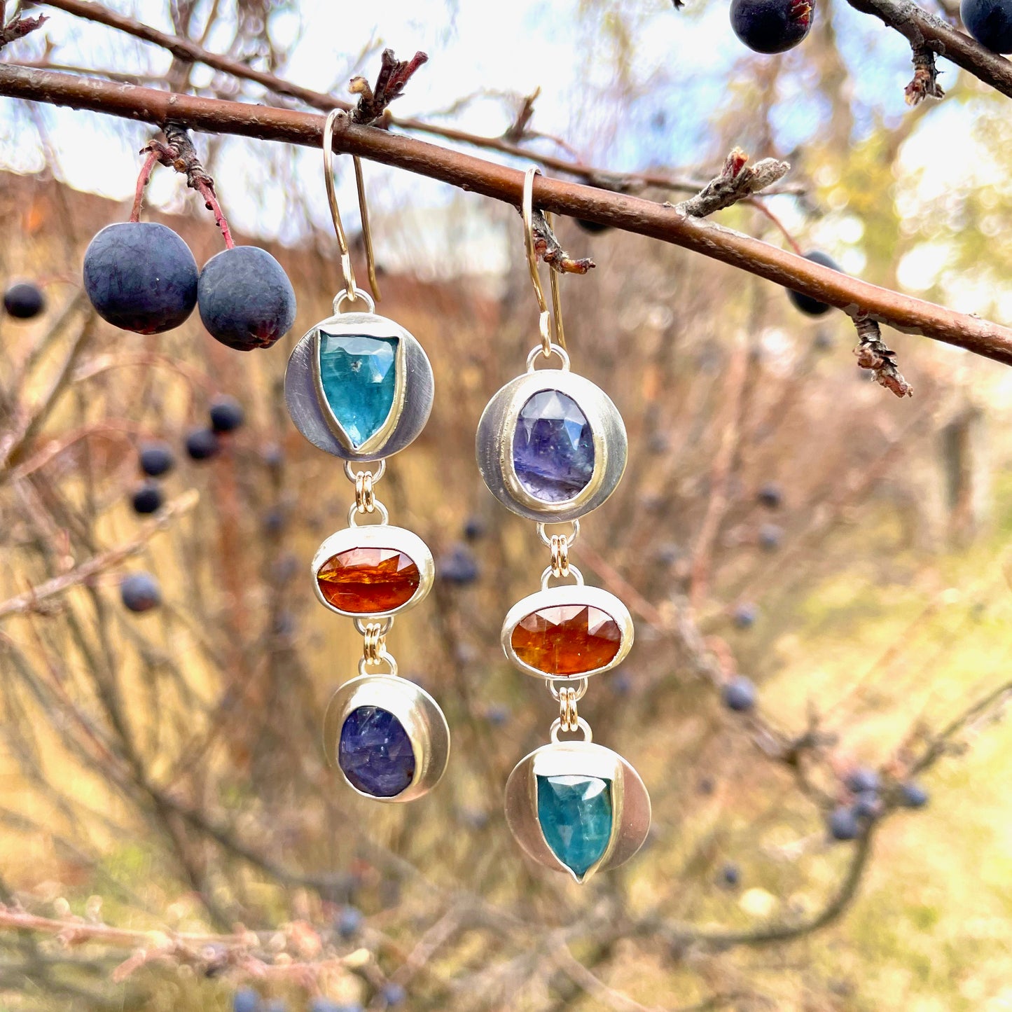 Shimmery 3 Gem Drops Iolite & Kyanite Earrings