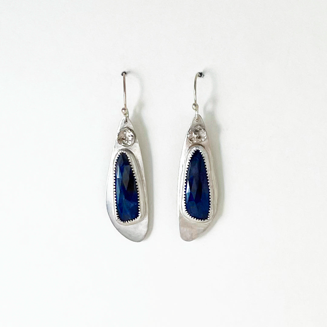 Blue Sapphire Rosecut Long Feather Earrings