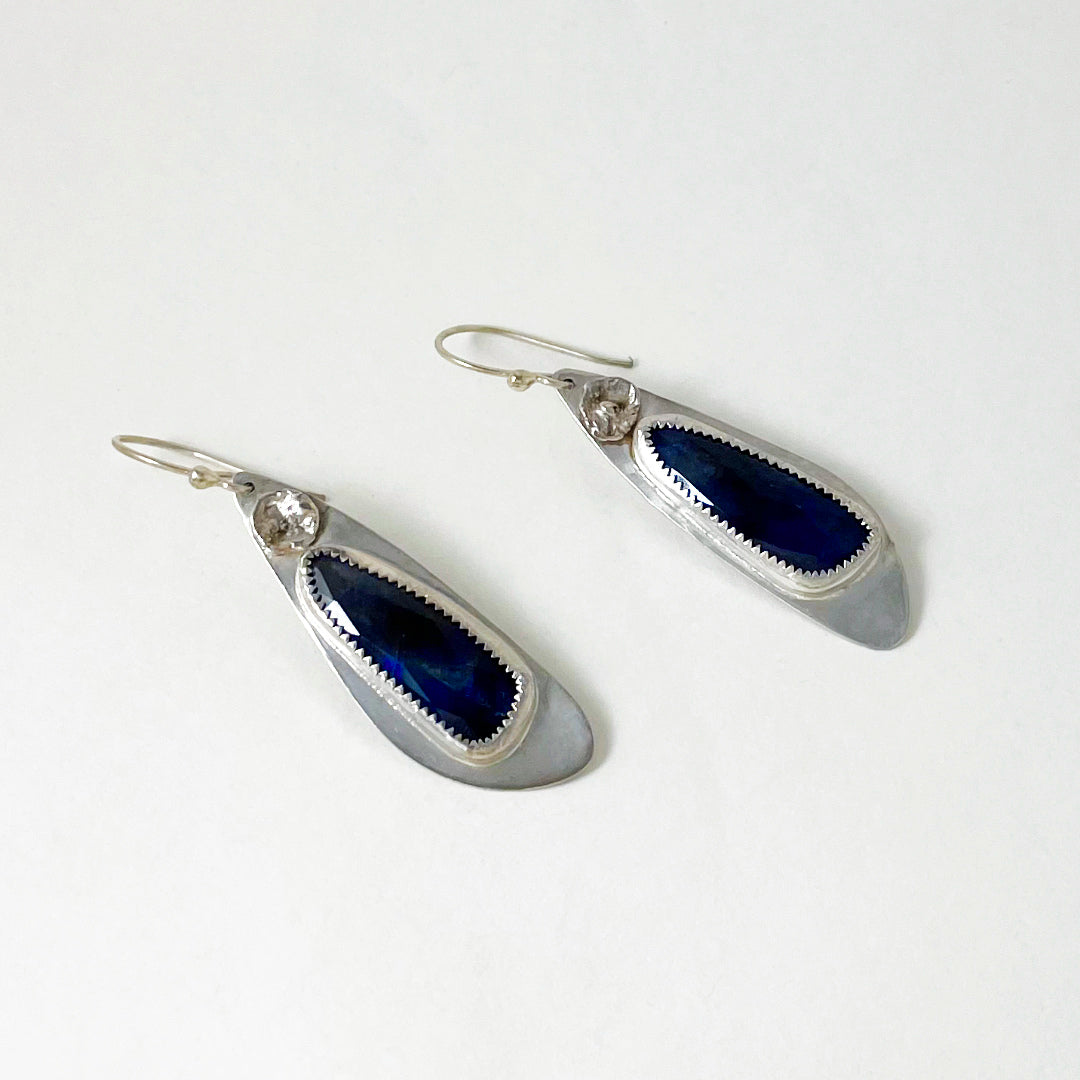 Blue Sapphire Rosecut Long Feather Earrings