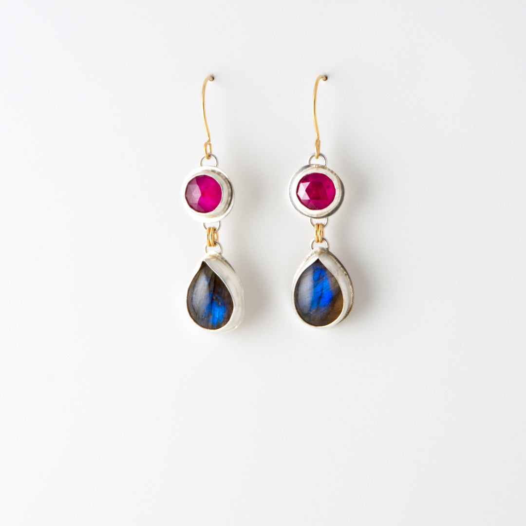 Shimmery 2 Gem Drops Pink Sapphire & Labradorite Earrings