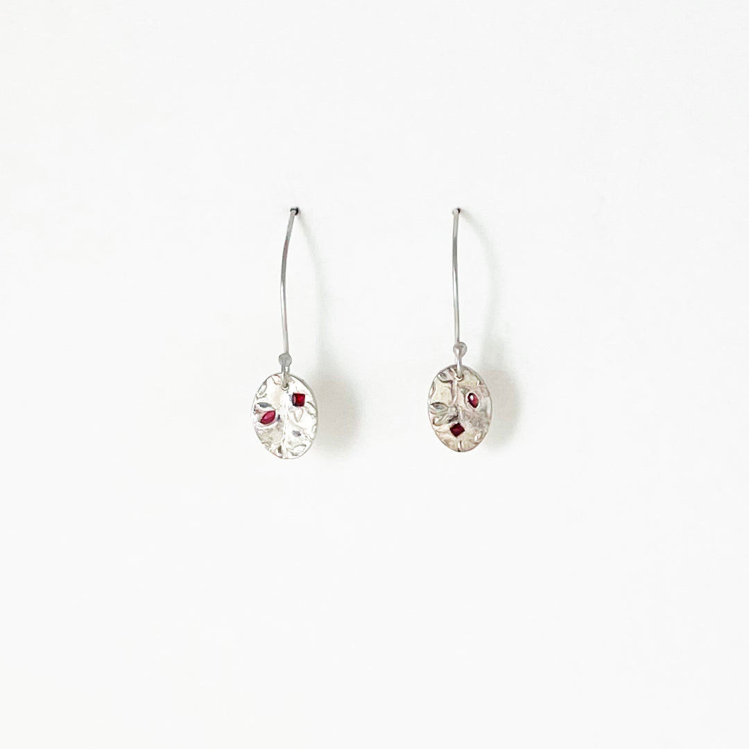 Vine Pattern & Ruby Oval Earrings