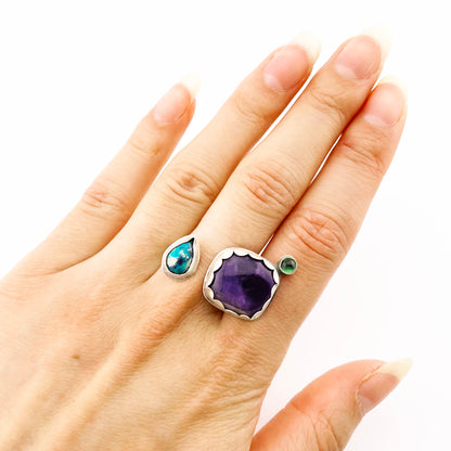 Amethyst Turquoise Peridot Adjustable Ring