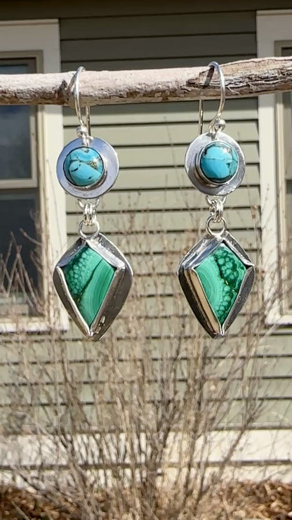 Round Turquoise & Diamond Malachite Earrings