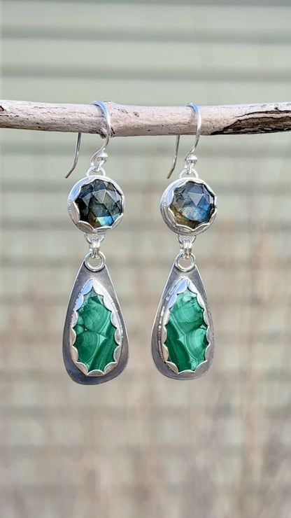Rosecut Labradorite & Teardrop Malachite Earrings